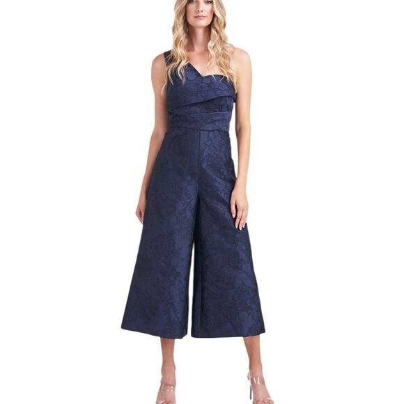 Kay Unger Pandora Blue Floral Jacquard Cropped One Shoulder Jumpsuit| Size 6 - Picture 1 of 11